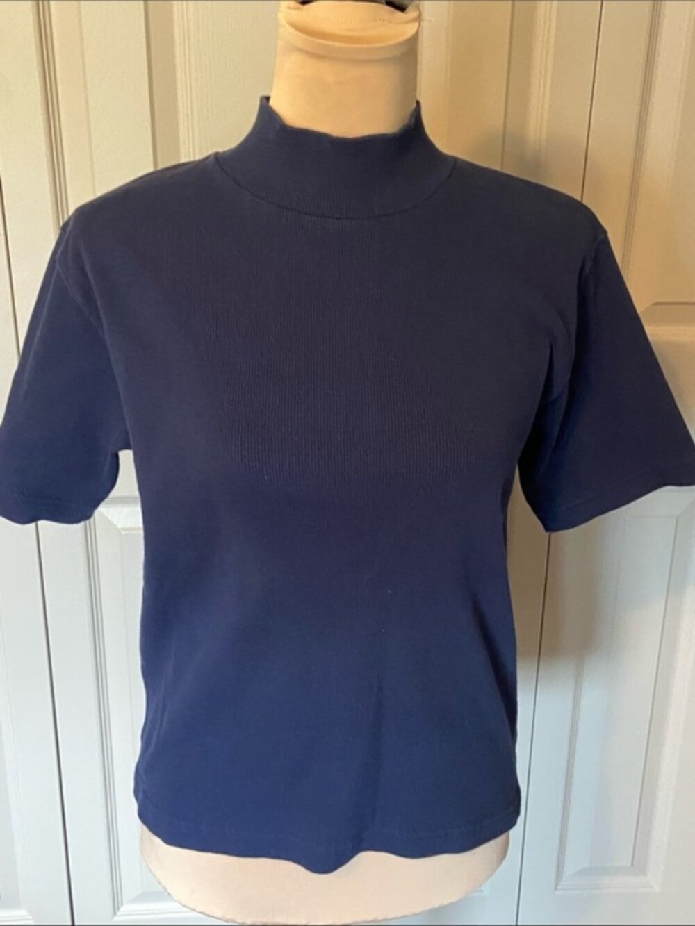 Jenny Buchanan Navy Blue Mock Turtleneck Short Sleeve Ribbed Shirt Size Medium